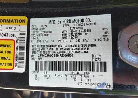 2022 Ford Bronco Sport Outer Banks z USA, uszkodzony, nr VIN 3FMCR9C66NRD00507